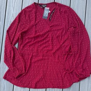 City Chic Deep Red Wrap Blouse with Metallic Stud Detail